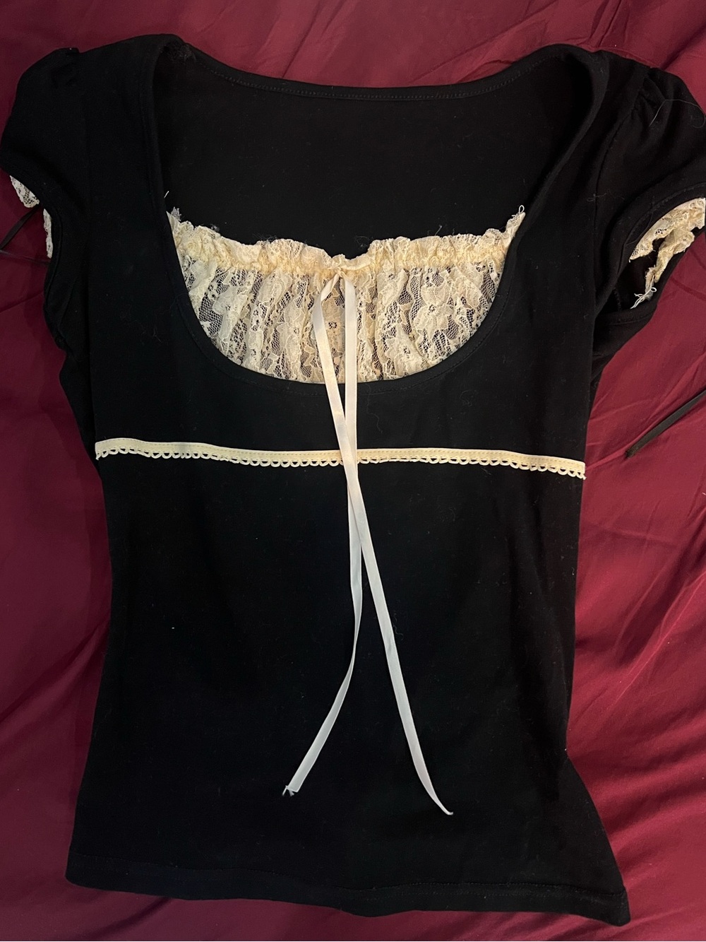 Black Lace-Trim Scoop Neck Women's Sleep Top